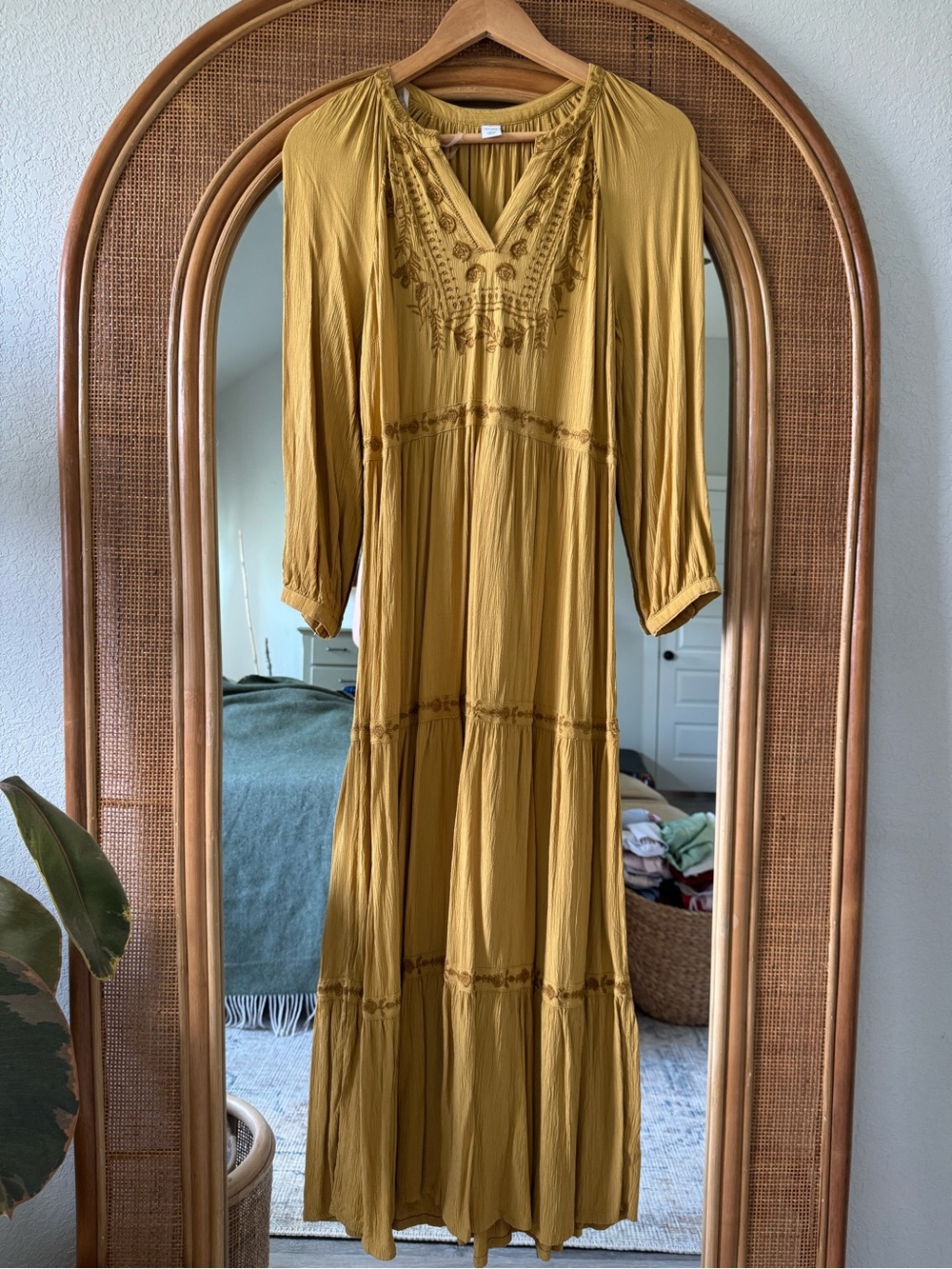 Old Navy Mustard Yellow Embroidered Tiered Maxi Dress